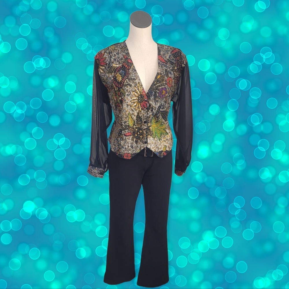 90s Floral Long Sleeve Beaded Blouse